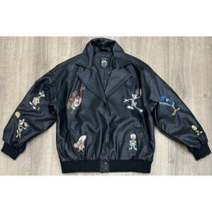 Forever 21 Space Jam A New Legacy Black Snap Leather Moto Jacket/Coat Size M